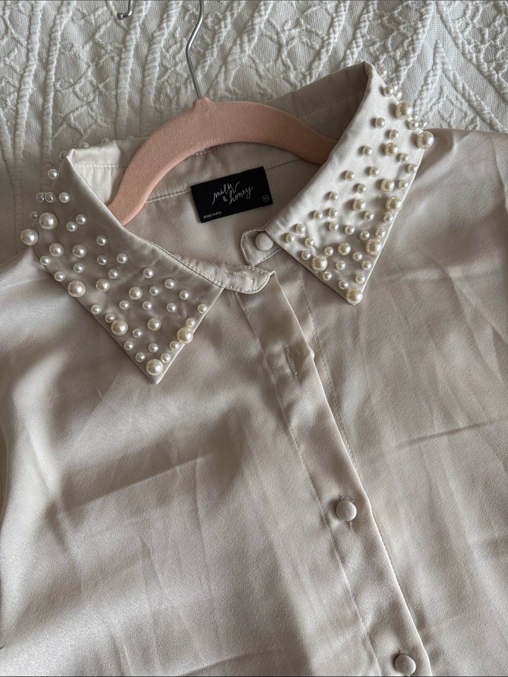 Pearl Embellished Collar Button-Up Blouse Medium
